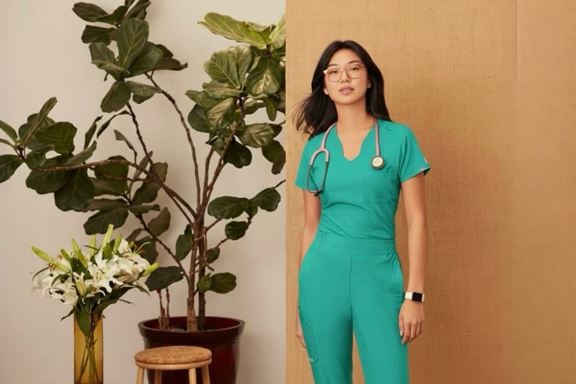 Person wearing teal scrubs with a stethoscope, standing indoors with plants and a wooden stool.