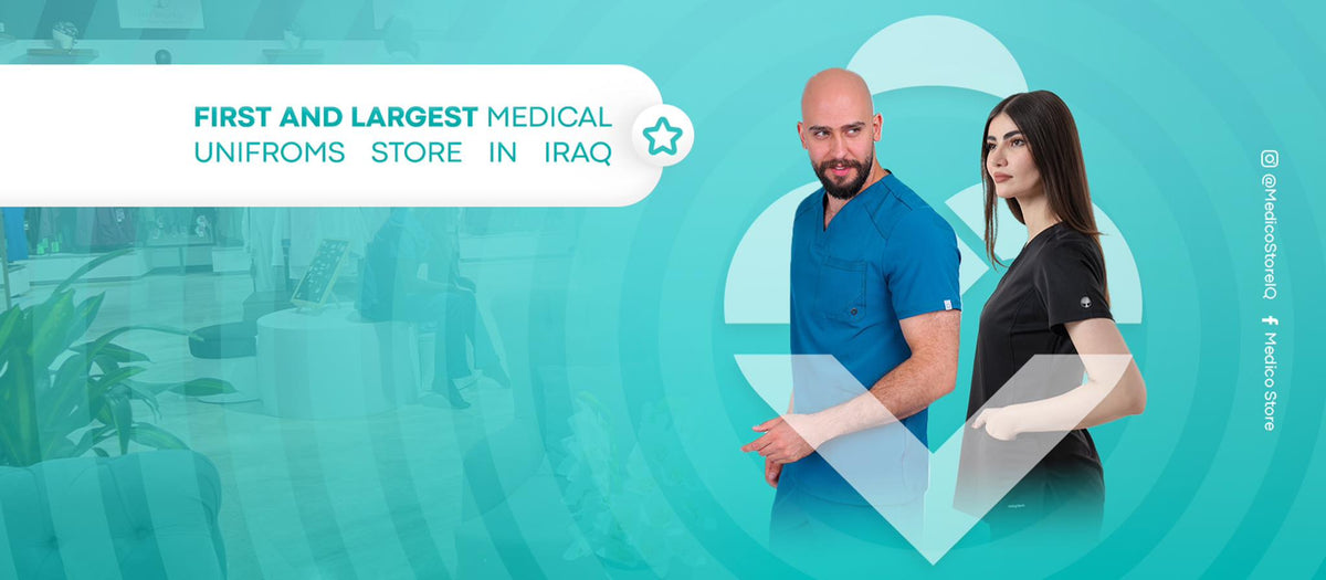 Man in blue medical scrubs and woman in black scrubs posing against a teal background.