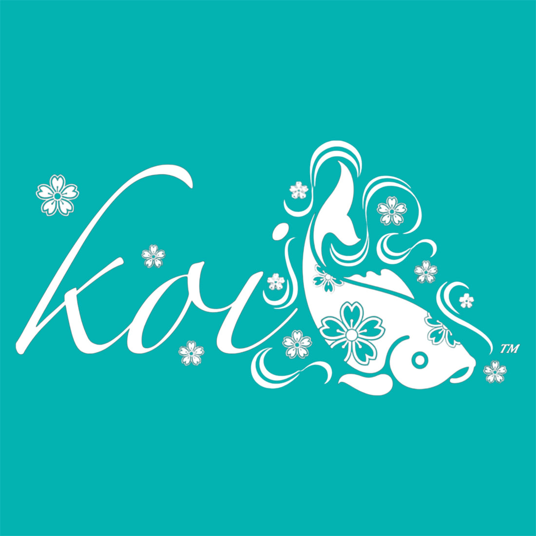 White Koi fish design with floral elements on a teal background