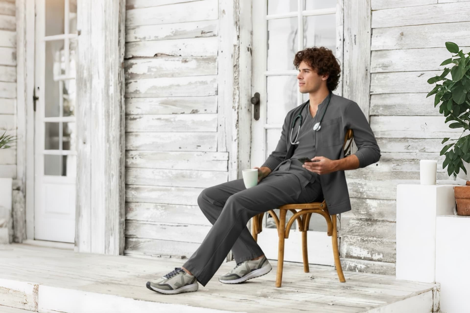 Man sitting on a chair in a room with white walls and a plant.