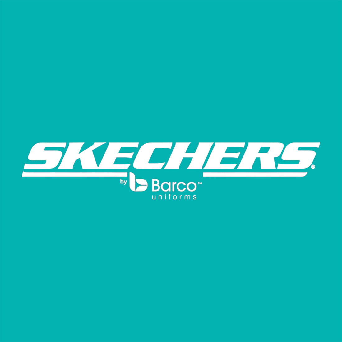 Skechers logo with Barco branding on a teal background