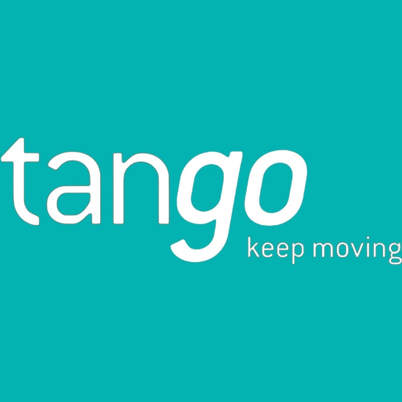 Tango logo with 'keep moving' text on a teal background